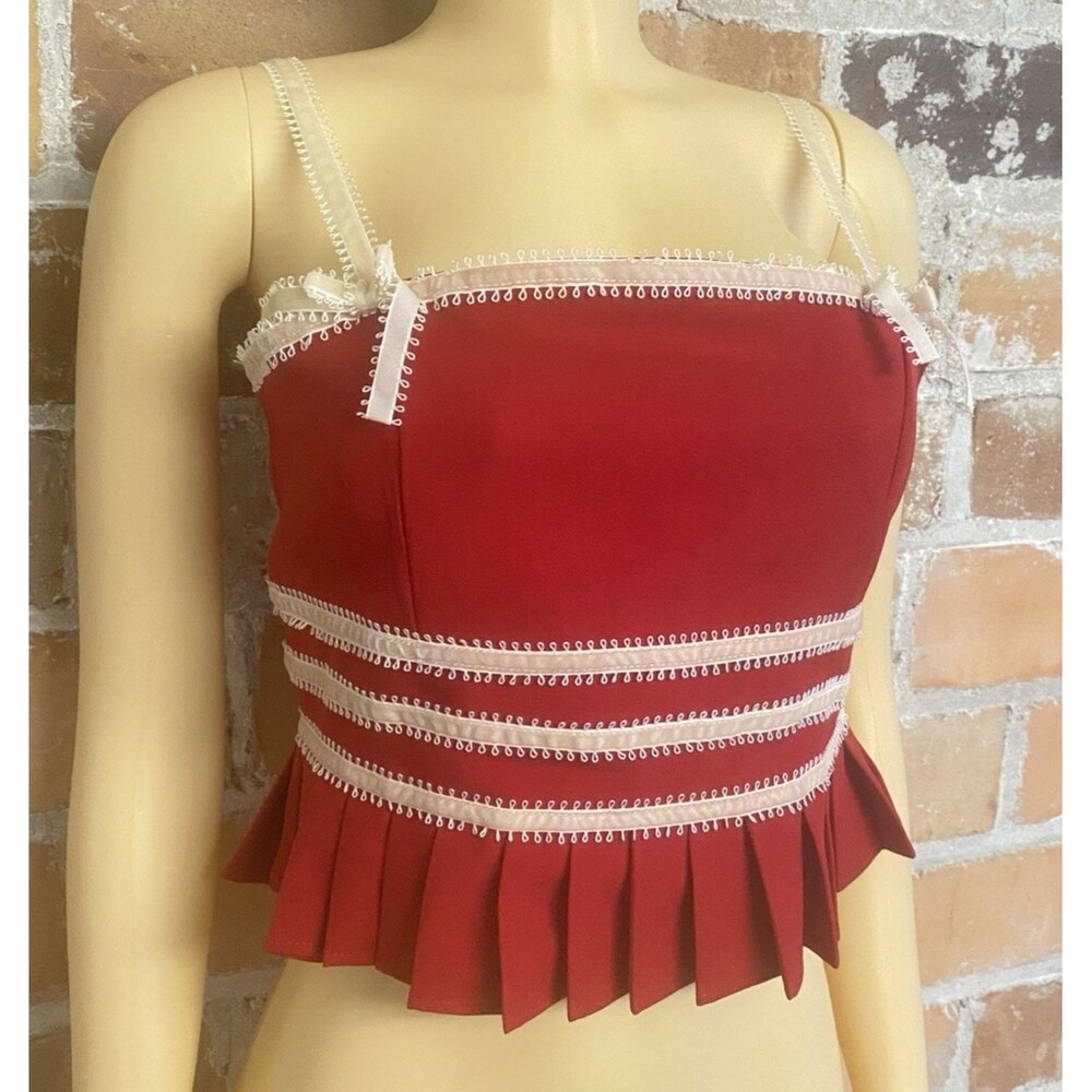 Forever 21 Pleated Baby‎ Doll Ribbon Cropped Tank Top Pink Red Medium NWT